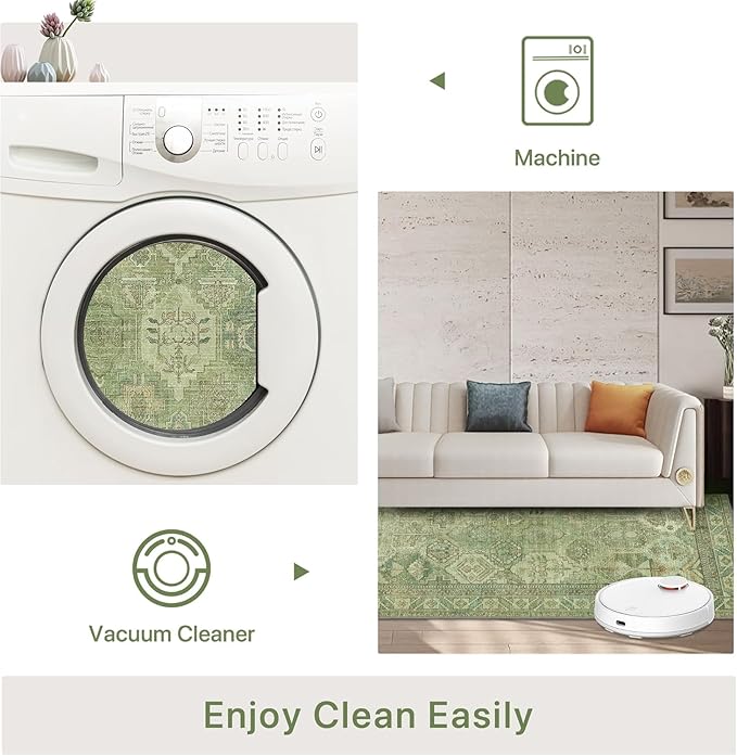 Bavni Washable Rug 9x12 Area Rug for Living Room Bedroom Dining, Washable Vintage Print Carpet, Ultra-Thin Chenille Low Pile Lightweight Rug with Non Slip Backing, Light Green