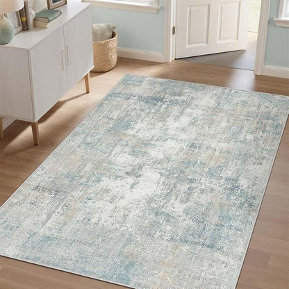 4x5 Washable Area Rug Blue Cream Abstract Entryway Office Throw Rug Neutral Modern Non Slip Soft Low Pile Lightweight Carpet for Kitchen Living Room Bedroom Entrance