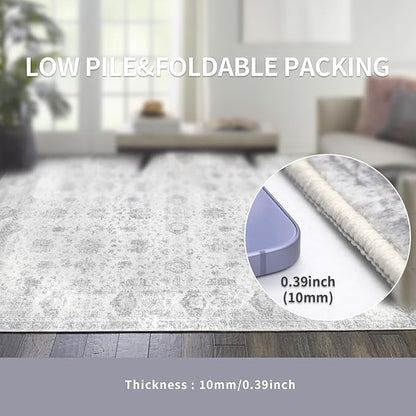 Washable 5×7 Area Rug for Living Room, Vintage Floral Rug Soft Non Slip Stain Resistant Boho Carpet for Bedroom Dinning Room Kitchen Home Office Grey