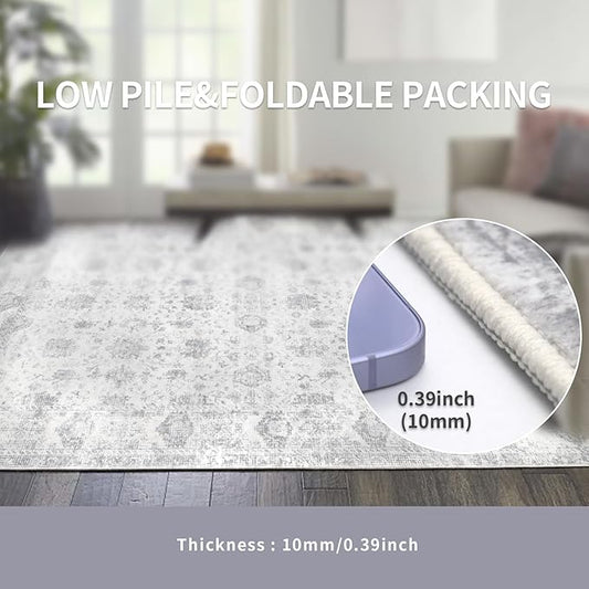 Washable 4×6 Area Rugs for Living Room, Vintage Floral Rug Soft Non Slip Stain Resistant Boho Carpet for Bedroom Dinning Room Kitchen Home Office Grey
