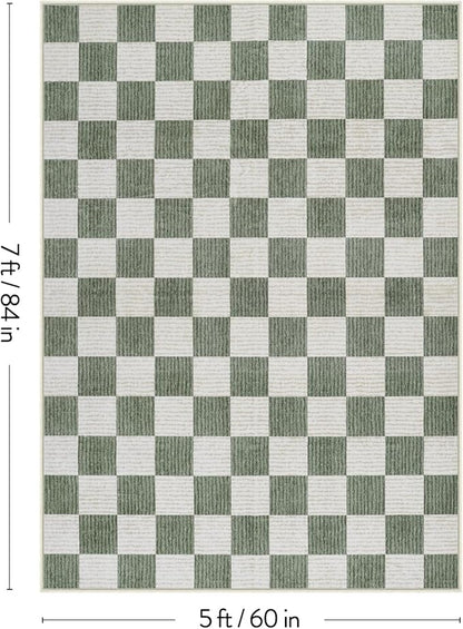 Machine Washable 5x7 Area Rugs for Living Room Checkered, Non Slip Soft Low Pile Farmhouse Geometric Modern Neutral Playroom Boys Rugs for Bedroom, Large Carpet Rugs for Dining Room(Sage Green,5'x7')
