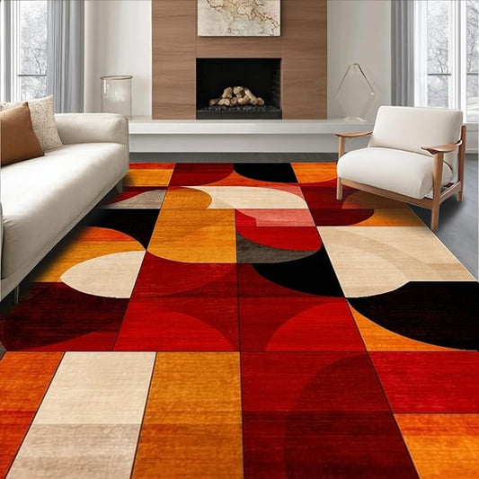 Flatwoven High Traffic Area Rug 8x10, Ember Abstract Geometric Shape Throw Indoor Floor, Non Slip, Stain Resistant, Washable Area Rugs for Living Room, Bedroom (Orange, 8x10)
