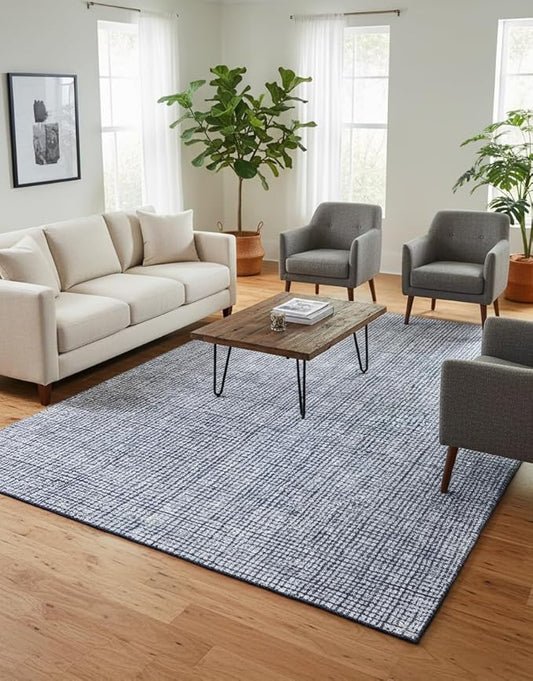 Hand-Tufted 100% Wool Pile Area Rug – Geometric Textured Grid Check Pattern – Thick and Durable Floor Carpet for Bedroom, Living Room, Kids Room, and Dining Area (Navy Blue, 9' x 13')