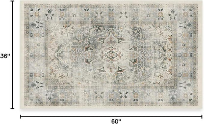 RUGGABLE Washable Vintage Area Rug – Sarrah Sage 3x5, Stain-Resistant, Non-Slip – Small Machine Washable Rugs for Living Room, Bedroom, Hallway, Entryway & Office–with Cushioned Pad