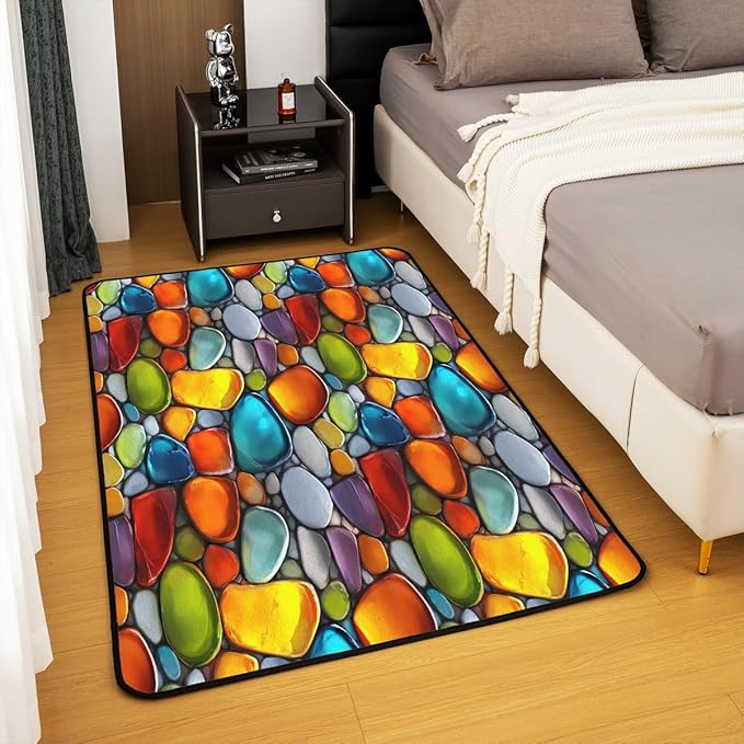 Cobblestone 3x5 Area Rug Rainbow Pebble Rugs for Living Room | Garden Gravel Stone Washable Rug, Watercolor Cobble Carpet Indoor Floor Mat
