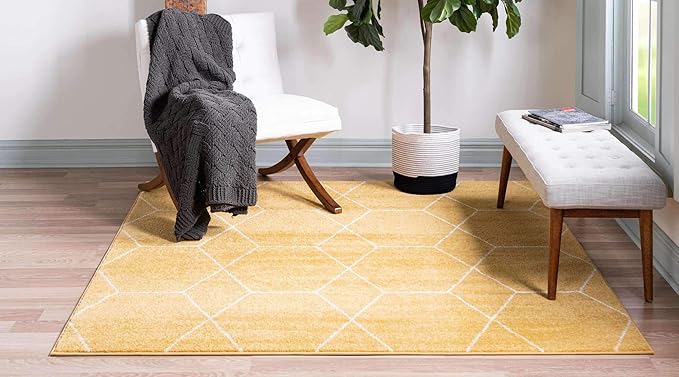 Unique Loom Trellis Frieze Collection Area Rug - Geometric (7' Square, Yellow/ Ivory)
