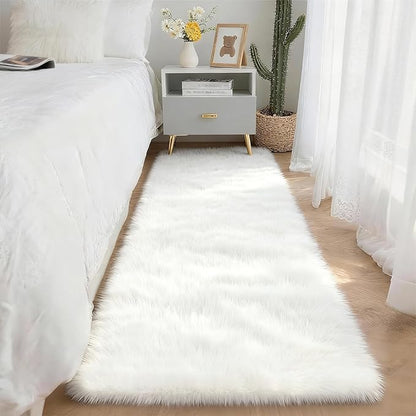2x6 Solid Fluffy White Area Rug – Washable, Durable, Small Bedroom Runner Rug, Non-Slip Shag Rugs for Hallway, Living Room, Bedroom, Bedside, Dorms, Kids Room, Nursery Rooms, Soft Indoor Carpet