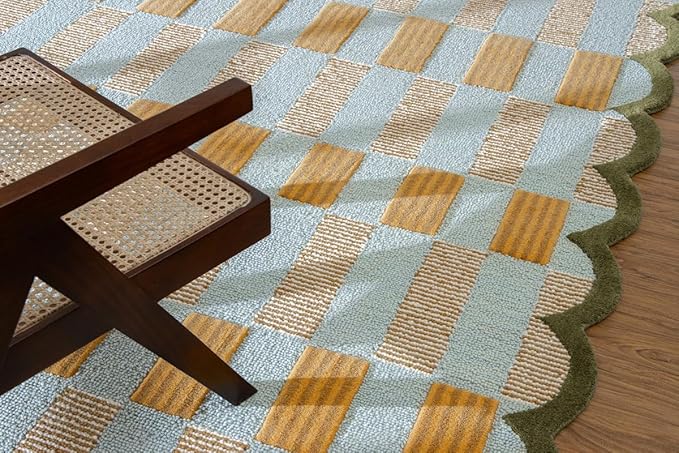 Hand-Tufted Wool Rug with Scalloped Edges, Light Blue Plaid Pattern, Cozy Soft Area Rug for Living Room, Bedroom, and Nursery, Handmade Modern Accent Rug, 7x10 Ft
