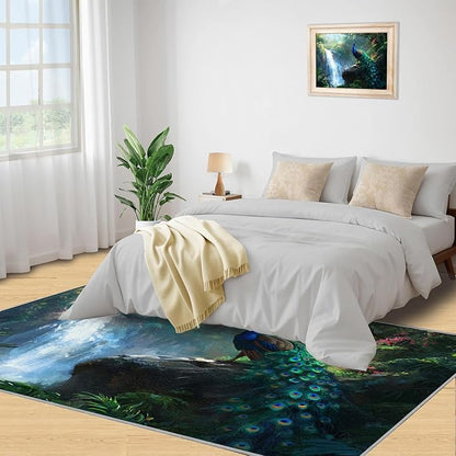 Peacock Rugs for Bedroom - 3x5 Rug, Peacock Decor Area Rugs for Living Room, Natural Landscapes Carpet, Waterfall Washable Area Mat, Aesthetics Carpet - Peafowl Home Decor & Gifts