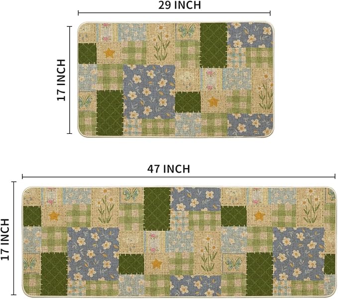 Artoid Mode Check Pattern Flowers Floral Spring Kitchen Mats Set of 2, Home Decor Low-Profile Kitchen Rugs for Floor - 17x29 and 17x47 Inch