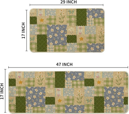Artoid Mode Check Pattern Flowers Floral Spring Kitchen Mats Set of 2, Home Decor Low-Profile Kitchen Rugs for Floor - 17x29 and 17x47 Inch