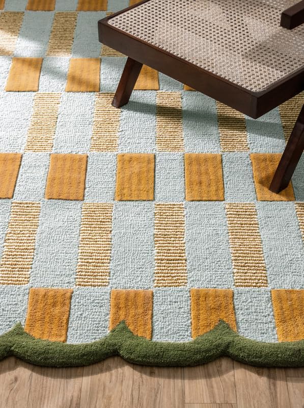 Hand-Tufted Wool Rug with Scalloped Edges, Light Blue Plaid Pattern, Cozy Soft Area Rug for Living Room, Bedroom, and Nursery, Handmade Modern Accent Rug, 5x5 Ft (Square)
