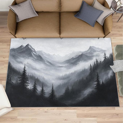 Misty Forest Rugs for Bedroom - 6x9 Area Rug - Modern Black White Art Rugs for Living Room, Natural Landscape Rug, Washable Home Decor Carpet