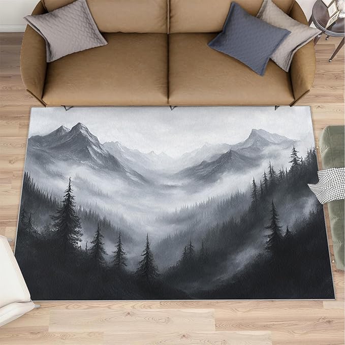 Misty Forest Rugs for Bedroom - 6x8 Area Rug - Modern Black White Art Rugs for Living Room, Natural Landscape Rug, Washable Home Decor Carpet