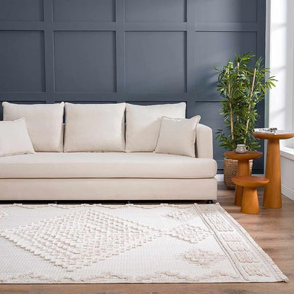 Hauteloom Rosales Farmhouse Living Room Bedroom Modern Moroccan Medallion Area Rug - Soft Shaggy High Low Carpet - High Pile - Bohemian, Boho - White, Beige, Cream - 6'7" x 9'