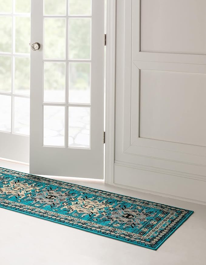 Unique Loom Taftan Collection Border Geometric Tribal Inspired Design Area Rug (3' 0 x 16' 5 Runner, Turquoise/ Gray)