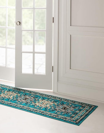 Unique Loom Taftan Collection Border Geometric Tribal Inspired Design Area Rug (3' 0 x 16' 5 Runner, Turquoise/ Gray)
