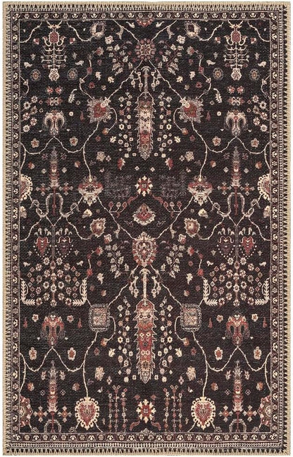 GLN Rugs Traditional Collection - Machine Washable Area Rug, Traditional Washable, Non Slip, Low Pile Chenille Rug, Living Room, Bedroom, Kitchen Rug (2' x 3' Black)