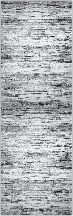 Modern Abstract Runner Rug 2x12, Black Grey White Washable Long Kitchen Runner Non-Slip Soft Hallway Rug Runner Thin Print Faux Wool Carpet for Entryway Bedroom Laundry Room Indoor Home Decor
