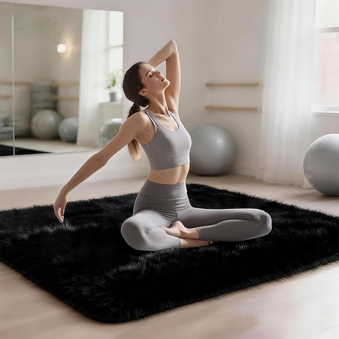 5x7 Solid Fluffy Black Area Rug – Washable, Durable,Large Living Room Rug, Non-Slip High Pile Shag Rugs for Bedroom, Bedside, Dorms, Nursery Rooms, Kids Room, Soft Indoor Floor Carpet Decor
