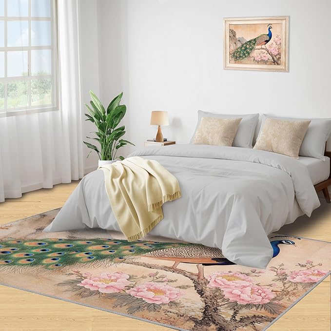 Peacock Peony Area Rug 4x5-4x5 Rug, Classic Peacock Peony Rugs for Living Room, Floral Animal Carpet, Peafowl Feather Washable Area Rugs for Bedroom, Aesthetics Carpet - Peafowl Home Decor & Gifts