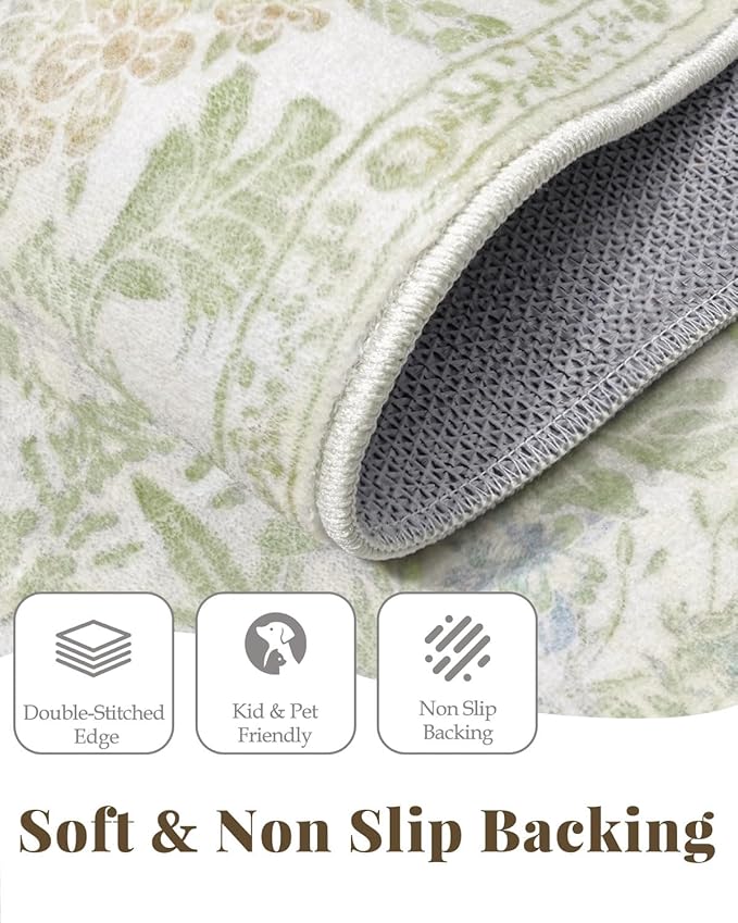 Farmhouse Sage Green Washable Nursery Rug 5x7, Floral Area Rug for Living Room, Bedroom, Dining Room Under Table, Home Office, Low Pile Non Slip Boho Carpet, Soft Cottagecore Botanical Accent Mat