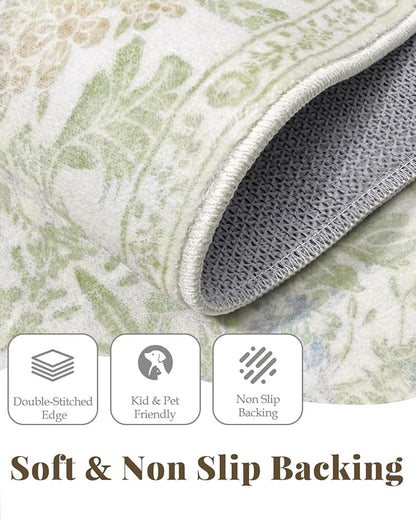 Floral Sage Green Washable Area Rugs 9x12 for Living Room, Vintage Large Thin Botanical Rug for Bedroom, Dining Room Under Table - Cottagecore Soft Boho Accent Carpet with Low Pile & Non-Slip