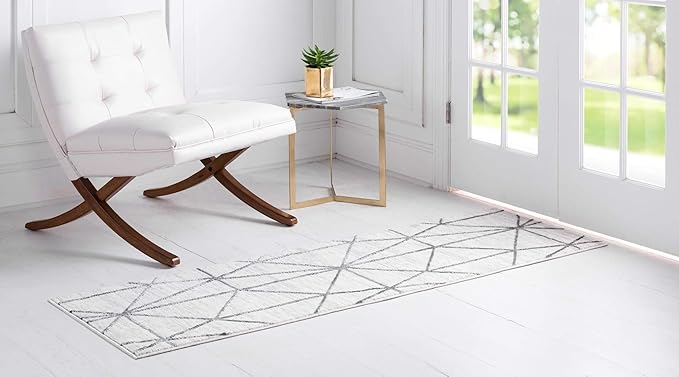 Rugs.com Lattice Trellis Collection Rug – 10 Ft Runner White Low-Pile Rug Perfect for Hallways, Entryways