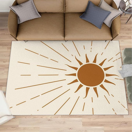 Boho Sun Area Rugs 5x7ft, Radiant Sunburst Rugs for Living Room, Geometric Solar Floor Rug Sturdy and Non-Shedding for Bedroom Hardwood Floors Teen Room