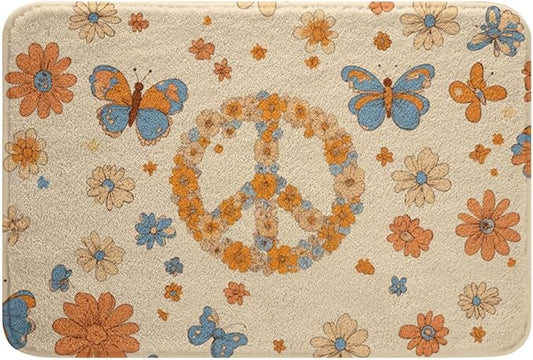 Erosebridal Groovy Party Decorations Bathroom Rugs for Girls Women Peace Sign Decor Bath Mat Hippie Butterfly Non Slip Bath Rugs Cute Kawaii Florals Fluffy Plush Rugs 20x32 Honey Bee Gifts for Kids
