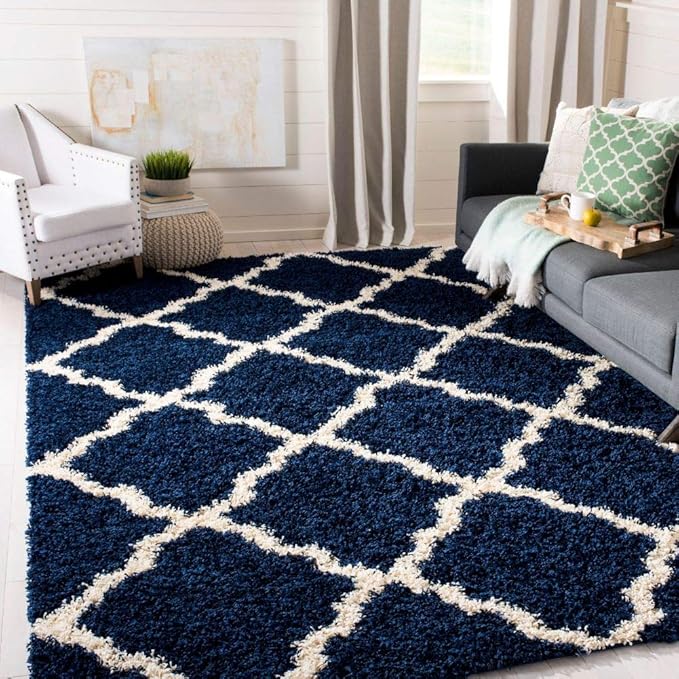 SAFAVIEH Dallas Shag Collection Area Rug - 8' Square, Navy & Ivory, Trellis Design, Non-Shedding & Easy Care, 1.5-inch Thick Ideal for High Traffic Areas in Living Room, Bedroom (SGD257N)