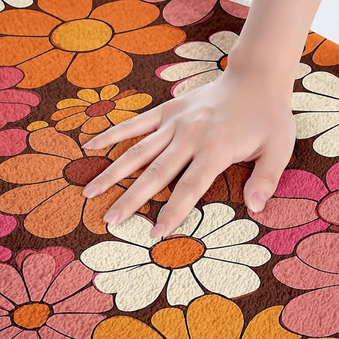 Erosebridal Groovy Floral Bathroom Mat for Girls Retro Flower Microfiber Bath Rug Chic Daisy 3D Entryway Door Mat 16x24 Groovy Party Decorations Bath Mat 70s Party Decorations Bath Rugs