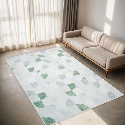 Green Modern Abstract Rug Washable, Boho 5x7 Area Rugs for Living Room Bedroom Low-Pile, Large Throw Floor Carpet Non Slip Ultra-Thin Soft Indoor Light Green
