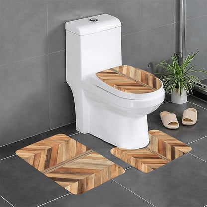 3 Piece Wooden Chevron Pattern Panel Bathroom Rugs Set, Non-Slip Absorbent Microfiber Bath Mat Set with U-Shaped Toilet Mat for Bathroom Tub Shower