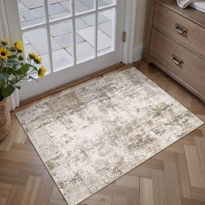 2x3 Washable Area Rug Brown Grey Abstract Entryway Kitchen Throw Rug Neutral Modern Non Slip Soft Low Pile Small Carpet for Bathroom Living Room Bedroom