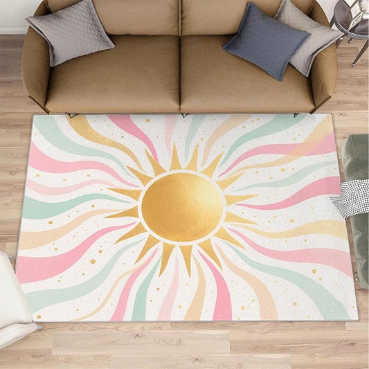Boho Sun Area Rugs 3x4ft, Minimalist Sunburst Kids Bedroom Rug, Abstraction Deco Bedside Rug Durable Non Slip for Cafe Living Room Under Table Boys Room Decor