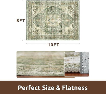 AMOAMI-Area Rug 8X10 Rugs for Living Room-Vintage Soft Green Rugs for Bedroom-Non Slip Carpet-Washable Rug for Dining Room Living Room Bedroom Office Under Table