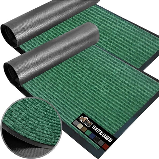 GORILLA GRIP Waterproof Traffic Guard Door Mat, 2 Pack Heavy Duty Entryway Mats, Strong Rubber Back Commercial Utility Rugs for Office Hallway, Garage Floor and Home, Low Profile Carpet, 29x17, Green