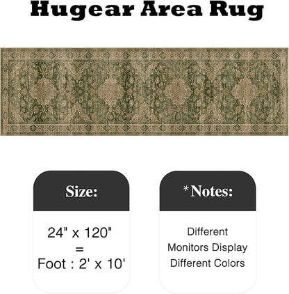 HUGEAR 2x10 Runner Rug Hallway Machine Washable Retro Green Vintage Floral Low Pile Carpet Distressed Long Throw Rug Bedroom Office Bathroom Kitchen Laundry Non Slip Soft Lightweight