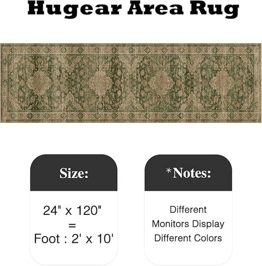 HUGEAR 2x10 Runner Rug Hallway Machine Washable Retro Green Vintage Floral Low Pile Carpet Distressed Long Throw Rug Bedroom Office Bathroom Kitchen Laundry Non Slip Soft Lightweight