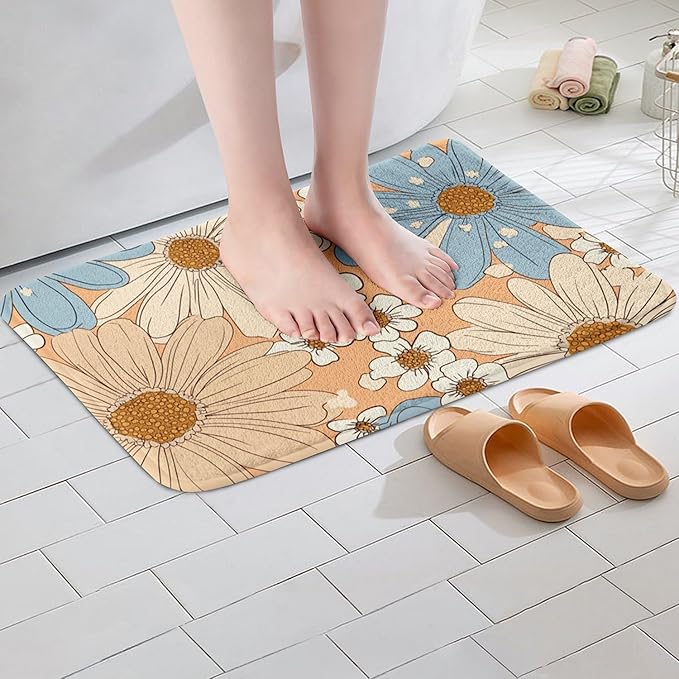 Erosebridal Girls Groovy Flower Bathroom Mat for Kids Teens Two Groovy Party Decorations Microfiber Bath Rug Pastel Rainbow Floral 3D Entryway Door Mat 16x24 Botanical Plants Theme Bath Mat
