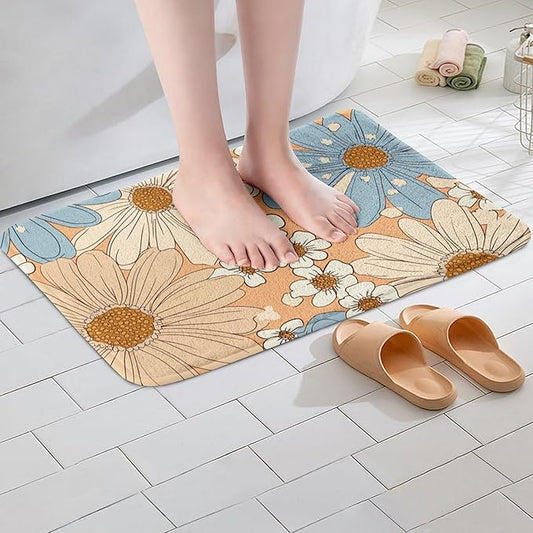 Erosebridal Girls Groovy Flower Bathroom Mat for Kids Teens Two Groovy Party Decorations Microfiber Bath Rug Pastel Rainbow Floral 3D Entryway Door Mat 16x24 Botanical Plants Theme Bath Mat