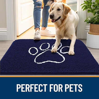 OLANLY Dog Door Mat for Muddy Paws 48x30, Paw Print Design, Absorbs Moisture and Dirt, Absorbent Non-Slip Washable Doormat, Quick Dry Chenille Mud Mat for Dogs, Entry Indoor Entryway Carpet, Navy Blue