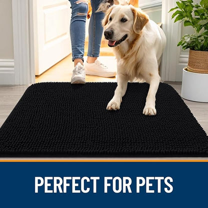 OLANLY Dog Door Mat for Muddy Paws 45x27, Absorbs Moisture and Dirt, Absorbent Non-Slip Washable Doormat, Quick Dry Chenille Mud Mat for Dogs, Entry Indoor Entryway Carpet for Inside Floor, Black