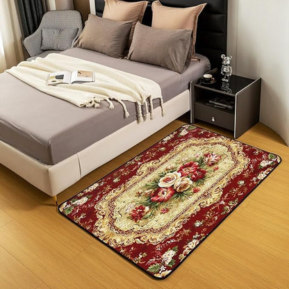 Elegant Red Floral 3 x 5 Area Rug Gold Geometric Rugs for Living Room | Bohemian Nordic Floral Washable Rug, Antique Decor Victorian Damask Carpet Indoor Floor Mat