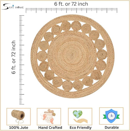 Savi Home Hand Woven Jute Braided Dot Rug, 6' Round - Natural, Reversible Area Rugs for Living Room, Farmhouse, Kitchen, Handcrafted 6 Feet Round Area Rugs - Natural