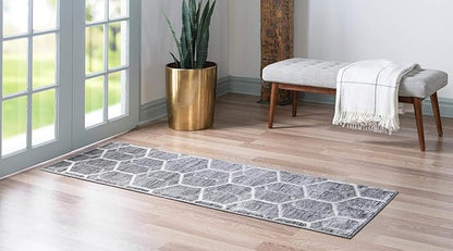 Rugs.com Lattice Trellis Collection Rug – 6 Ft Runner Gray Low-Pile Rug Perfect for Hallways, Entryways