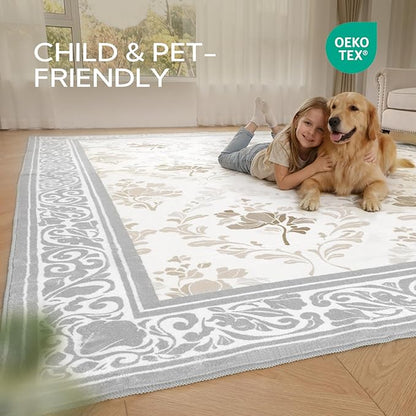 SOULFUL Medium Pile 8x10 Rugs for Living Room - Soft Underfoot Large Area Rug - Light Taupe Boho Floral - Washable Non-Slip - Perfect for Bedroom Kids Room Under Dining Table Office