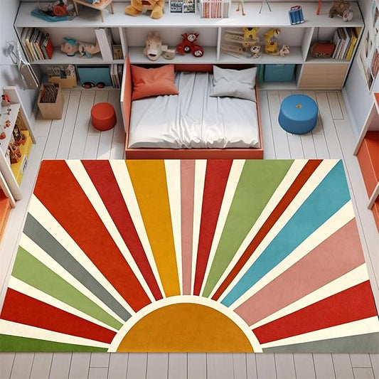 Rainbow Sun Area Rug,6x8ft,Medieval Vintage Geometric Rugs,Boho Style Bedroom Decor Rug Soft Machine Washable Carpet for Indoor Bedroom Living Room Office Decor