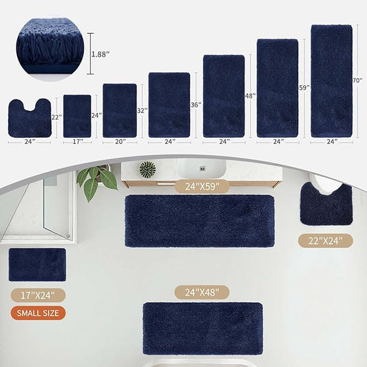 Bathroom Runner Rug 24x70 Navy Non Slip Fluffy Long Bath Mat for Bathroom Floor Washable Plush Luxury Bath Rug for Tub Absorbent Shower Sink Mat Bedside Rug